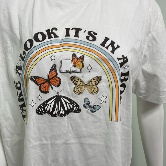 "TAKE A LOOK IT'S IN A BOOK" reading rainbow butterfly tee shirt size large FLAW - Picture 5 of 7